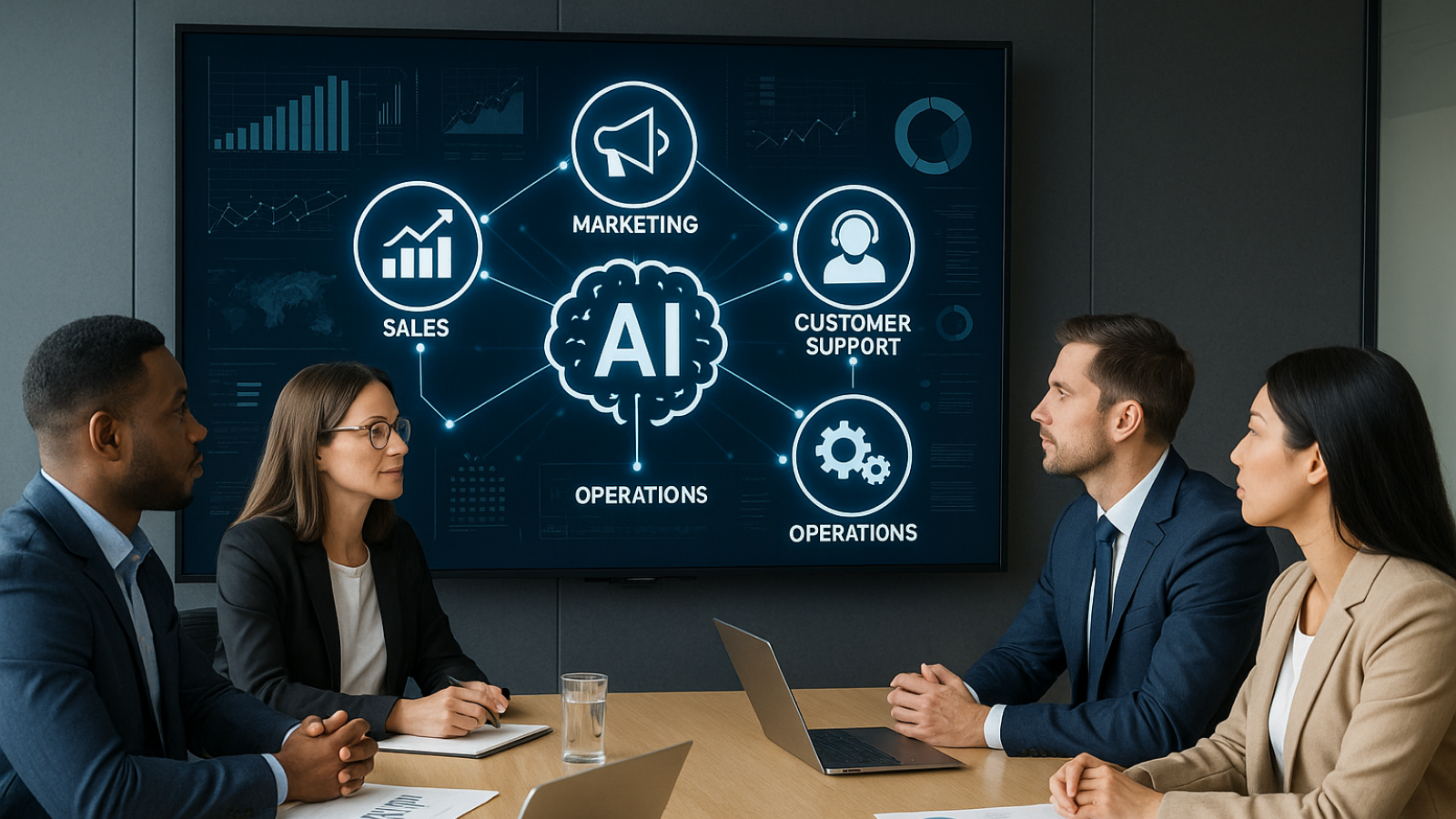 A group of business executives sitting around a conference table discussing strategy, with a large screen behind them displaying the word "AI" and interconnected department icons, representing cross-functional AI integration.