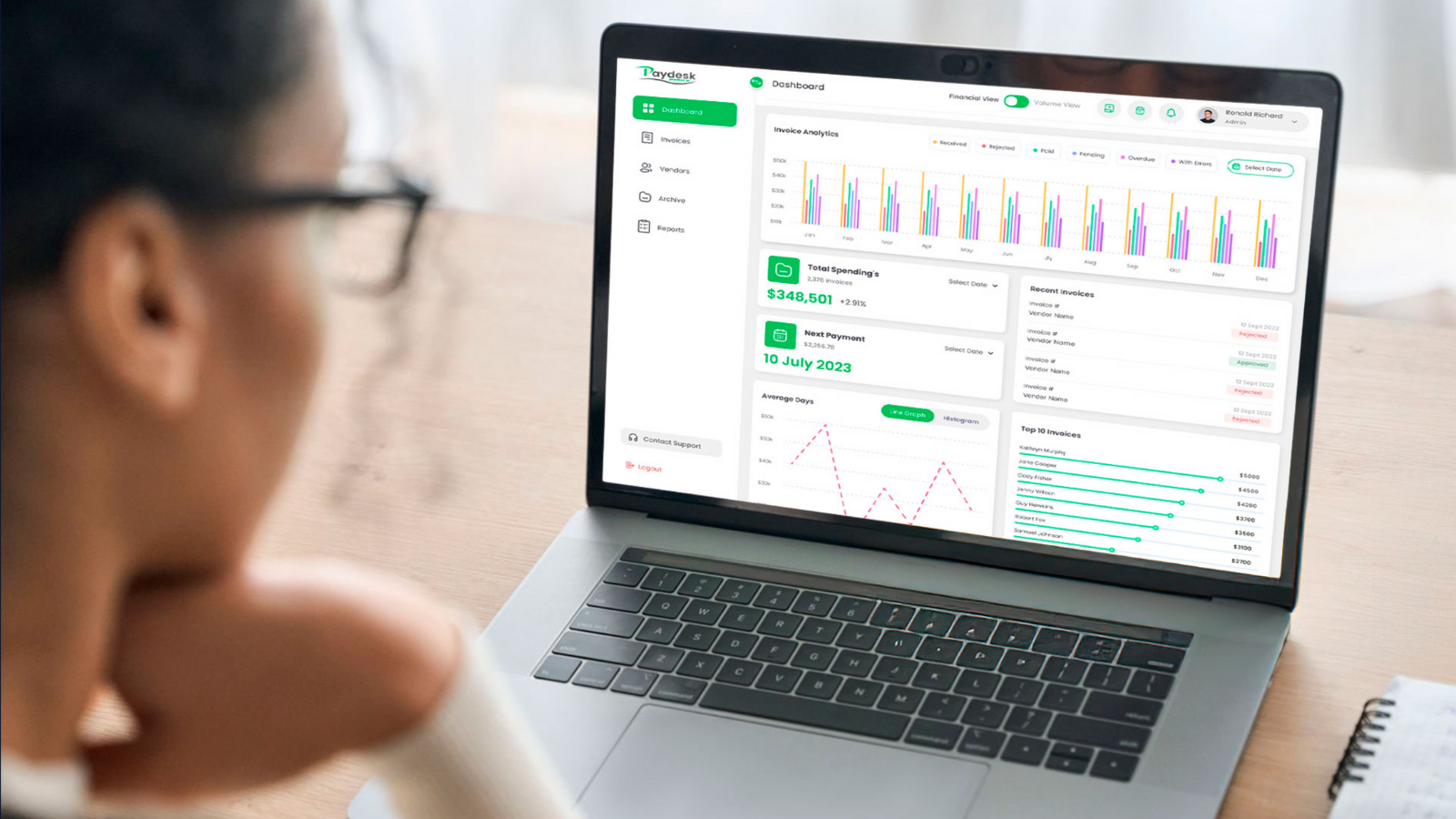 A professional looking at a laptop screen displaying the Paydesk application with business data visualizations and analytics.