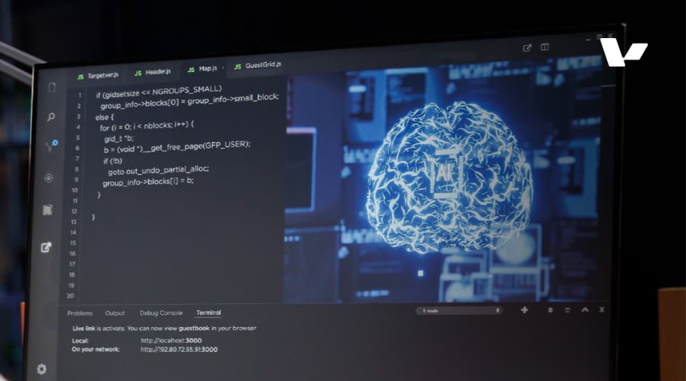 A computer screen displaying lines of code alongside a futuristic digital brain with "AI" at its center, symbolizing artificial intelligence in software development.