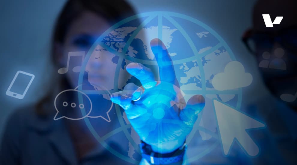 Image showing a hand interacting with digital symbols representing global connectivity, AI, and accessibility, symbolizing the impact of AI on improving digital accessibility for all users.