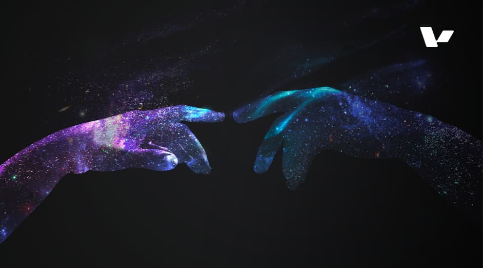 An abstract digital representation of AI-powered digital twins, with two hands reaching out to connect, symbolizing the fusion of AI and real-time data for predictive business solutions.