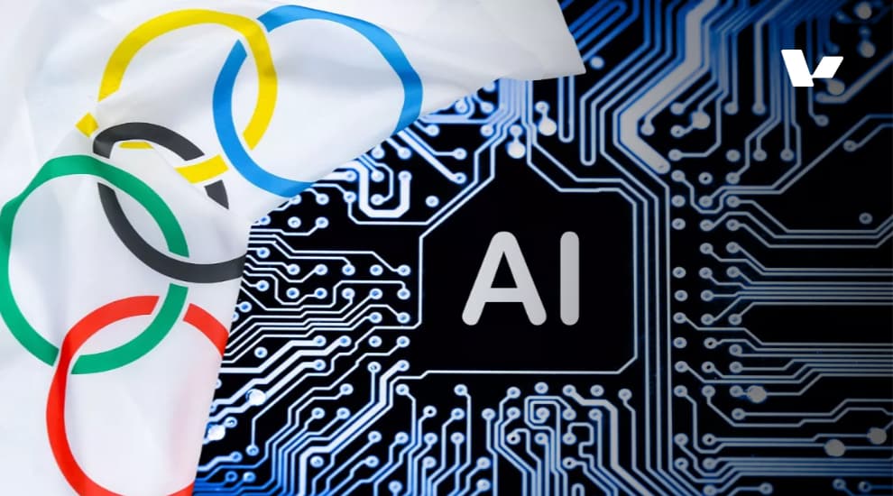 A close-up of the Olympic flag partially covering a digital circuit board with the letters 'AI' at the center