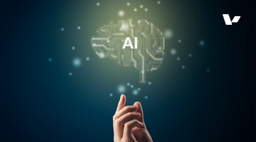 A hand reaching towards a glowing, digital brain symbolizing artificial intelligence (AI) with circuit patterns.
