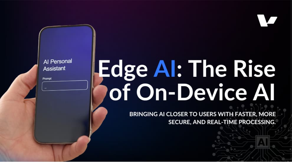 Alt text: A person holding a smartphone displaying an AI personal assistant interface with a prompt input field. The background has a futuristic digital circuit design, symbolizing AI and technology.
