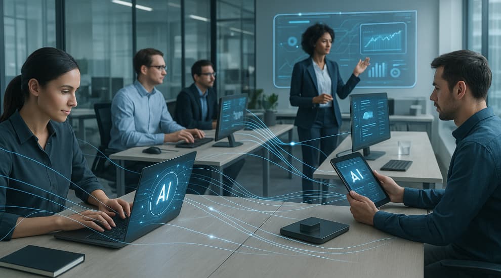 Four spotlighted chairs on a stage, each representing an AI Doer: Point Solution, Application Solution, AI Agent, and Agentic Workflow. Text reads "Meet the 4 AI Doers Transforming Businesses."