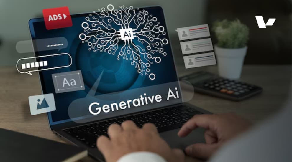 A person working on a laptop with visual representations of generative AI tools like text, images, and neural networks floating around them.