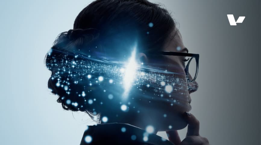 A woman in profile, with a digital and glowing effect emanating from her head, symbolizing innovation, AI, and futuristic thinking.