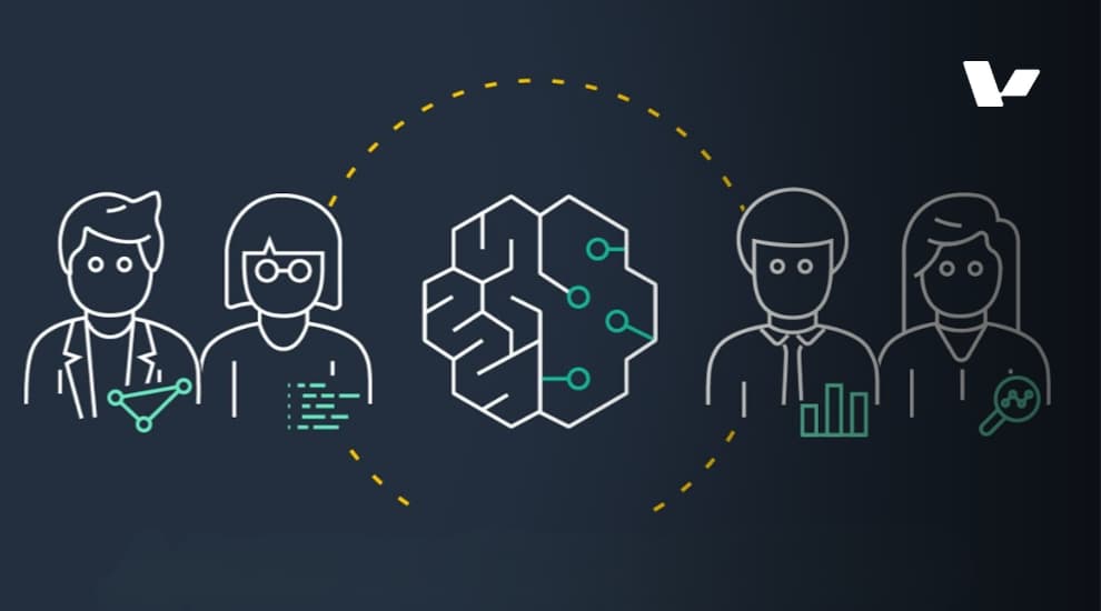 A digital illustration representing Amazon SageMaker, featuring AI-powered collaboration between data scientists, developers, and business analysts.