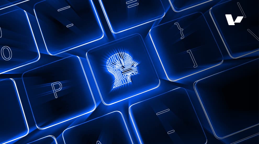 A close-up shot of a keyboard with illuminated keys, featuring a digital brain icon on one key, representing artificial intelligence and technology in content creation.