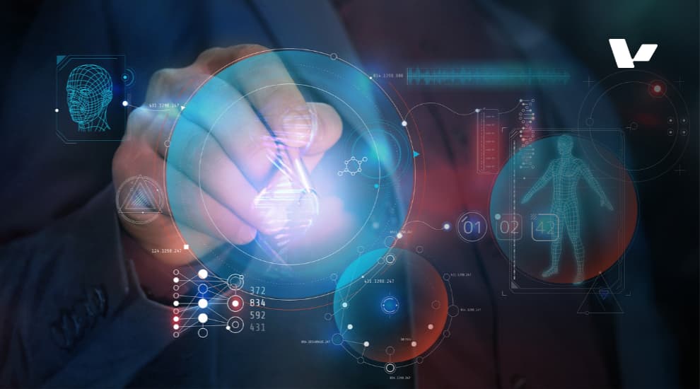 A person interacting with advanced digital holograms, displaying 3D models and data points, representing the collaboration between AI and human expertise.