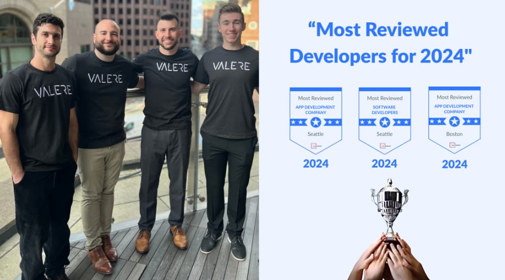 Valere team members proudly display their 'Most Reviewed Developers for 2024' award alongside badges for Seattle and Boston, recognizing their excellence in app development and software services.