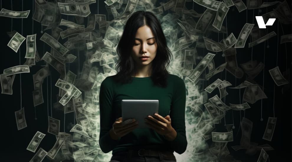 A woman in a green sweater reading from a tablet, surrounded by floating dollar bills, symbolizing the integration of AI in financial operations.