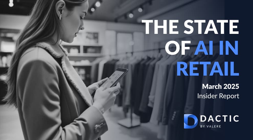 A retail professional browsing their phone in a clothing store, with a banner reading "The State of AI in Retail: March 2025 Insider Report."