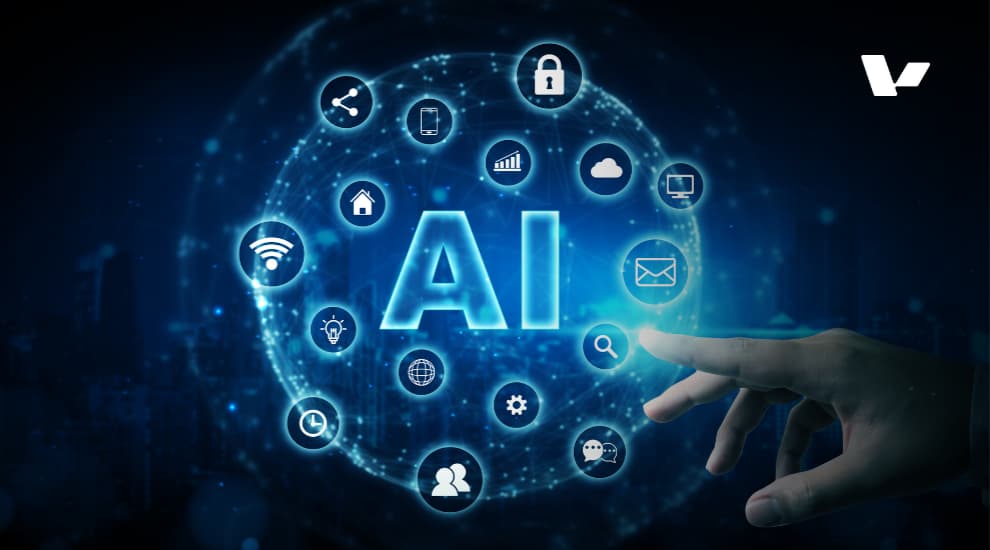 Illustration of AI technology, with various digital icons representing the potential impact of AI across different sectors.