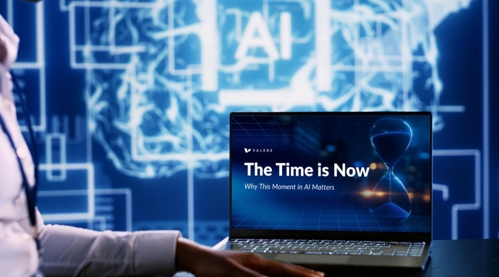 Valere banner with the title 'The Time is Now: Why This Moment in AI Matters'. On the right, an hourglass with blue sand against a digital background, symbolizing urgency.