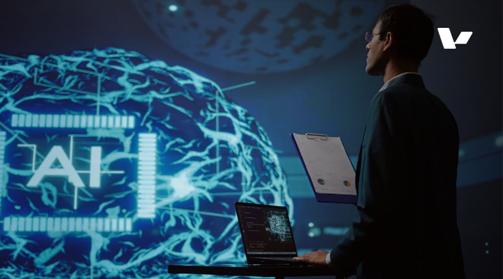 Futuristic AI interface with a person interacting with digital data analytics, representing the power of AI-driven solutions like RAG for business intelligence.