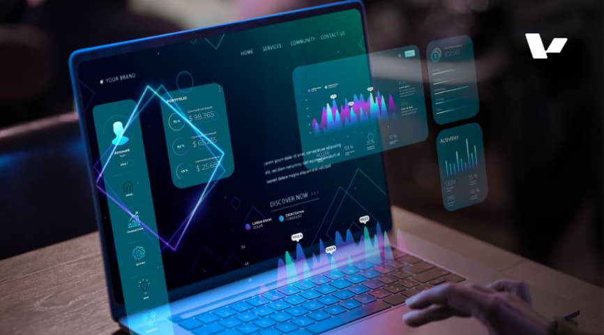 A close-up view of a person interacting with a laptop displaying a futuristic user interface with graphs, data visualization, and account details.
