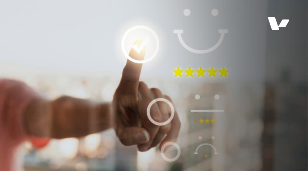 A hand interacting with digital feedback icons, such as checkmarks and star ratings, representing customer satisfaction and feedback in a user interface.