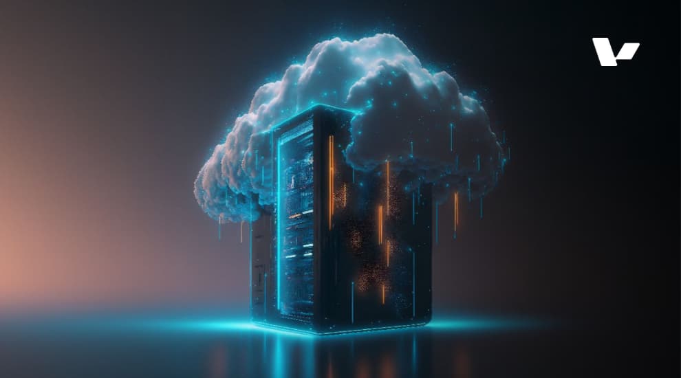 A futuristic image of a cloud computing network, with digital connections and data flowing through a cloud structure representing AWS services in AI projects.