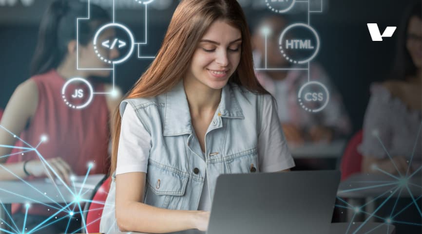 A young woman programming on a laptop, surrounded by floating icons representing coding languages like HTML, CSS, and JavaScript, symbolizing the power of AI and technology in software development.