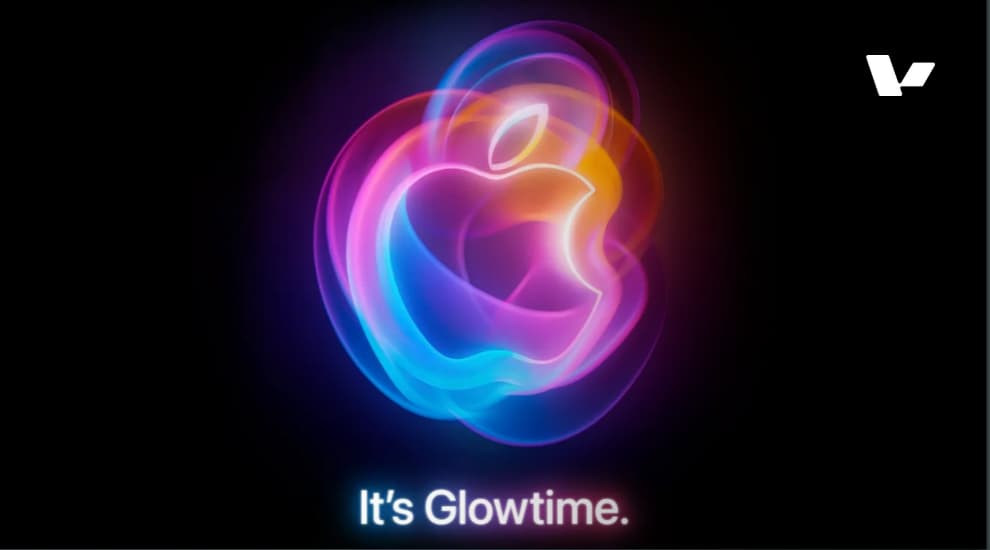 Vibrant neon Apple logo with the tagline 'It’s Glowtime,' symbolizing Apple's AI-driven innovation at the September 9, 2024 event.