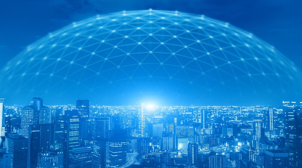 A man looks through binoculars with a futuristic, interconnected network design overlaid on the blue background, symbolizing the exploration and vision for the future of AI in 2030 and beyond.