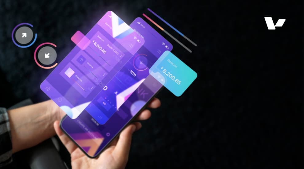 A person holding a smartphone with a digital interface displaying banking information, showcasing futuristic, interactive UI elements and AI-powered features.