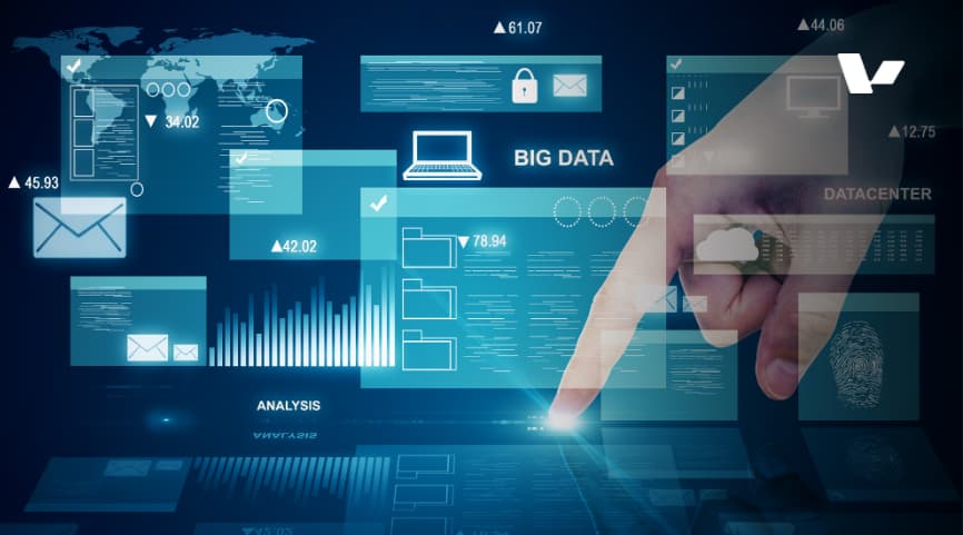 A digital interface displaying big data, analytics, and security icons, with a finger pointing at a glowing data point.