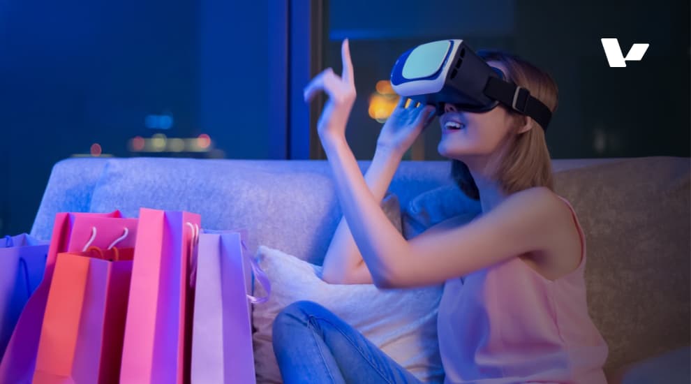 Young woman shopping with virtual reality headset, enjoying the immersive shopping experience during the holiday season.